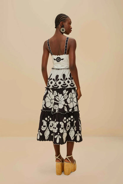 Summer Black and White Cutwork Midi Dress