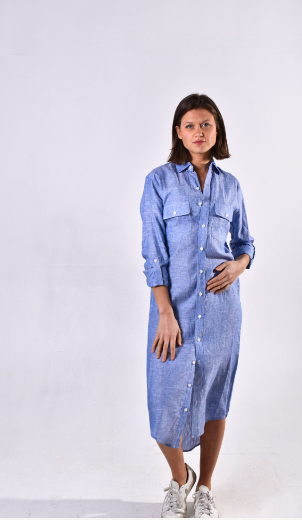 Sky Blue Linen Girlfriend Midi Dress