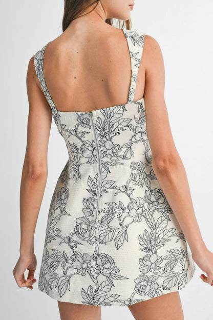 Floral Jacquard Strap Shoulder Mini Dress Skort - Black