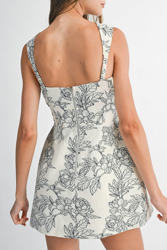 Floral Jacquard Strap Shoulder Mini Dress Skort - Black