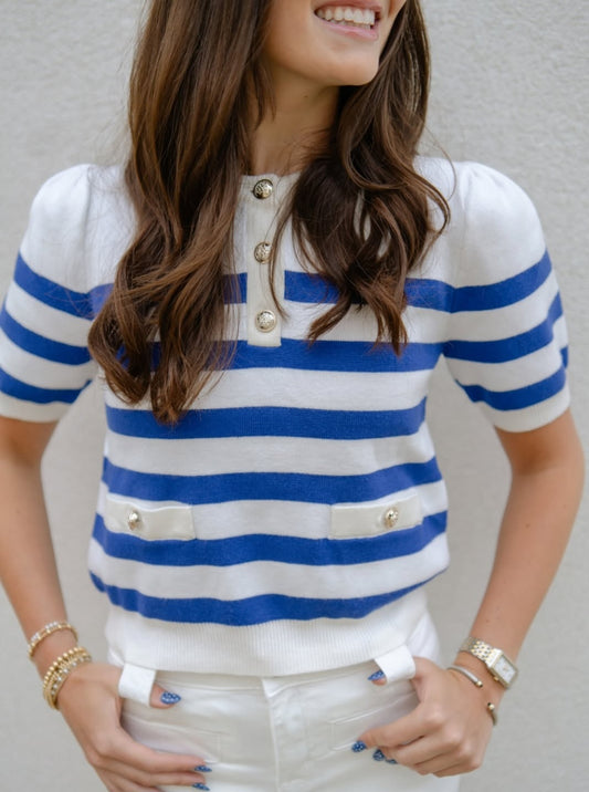 Short Sleeve Striped Knit Top - White