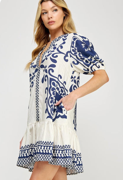 Border Print V-Neck Tunic Mini Dress - Blue/White