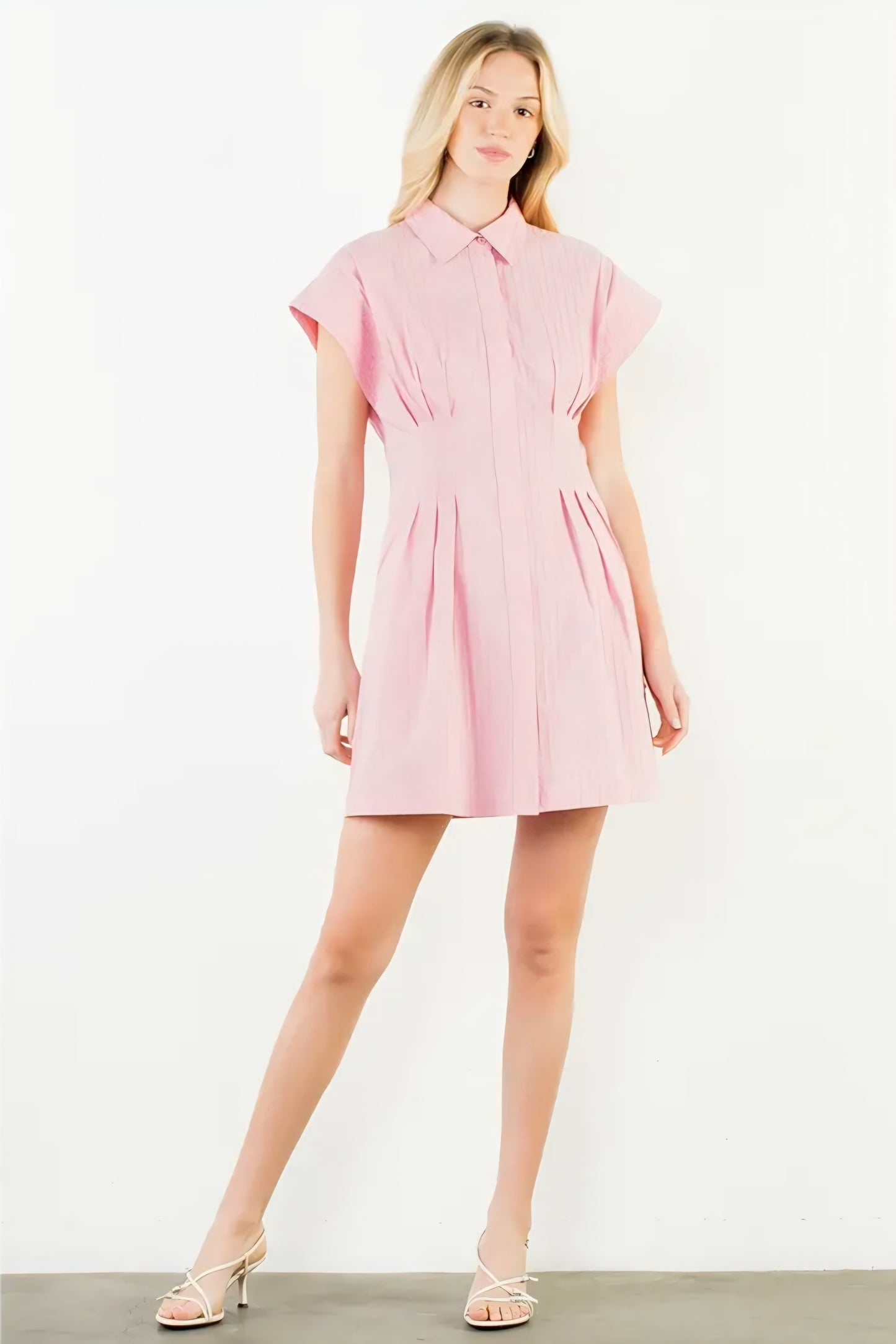 Short Sleeve Striped Button Down Dress - Pink