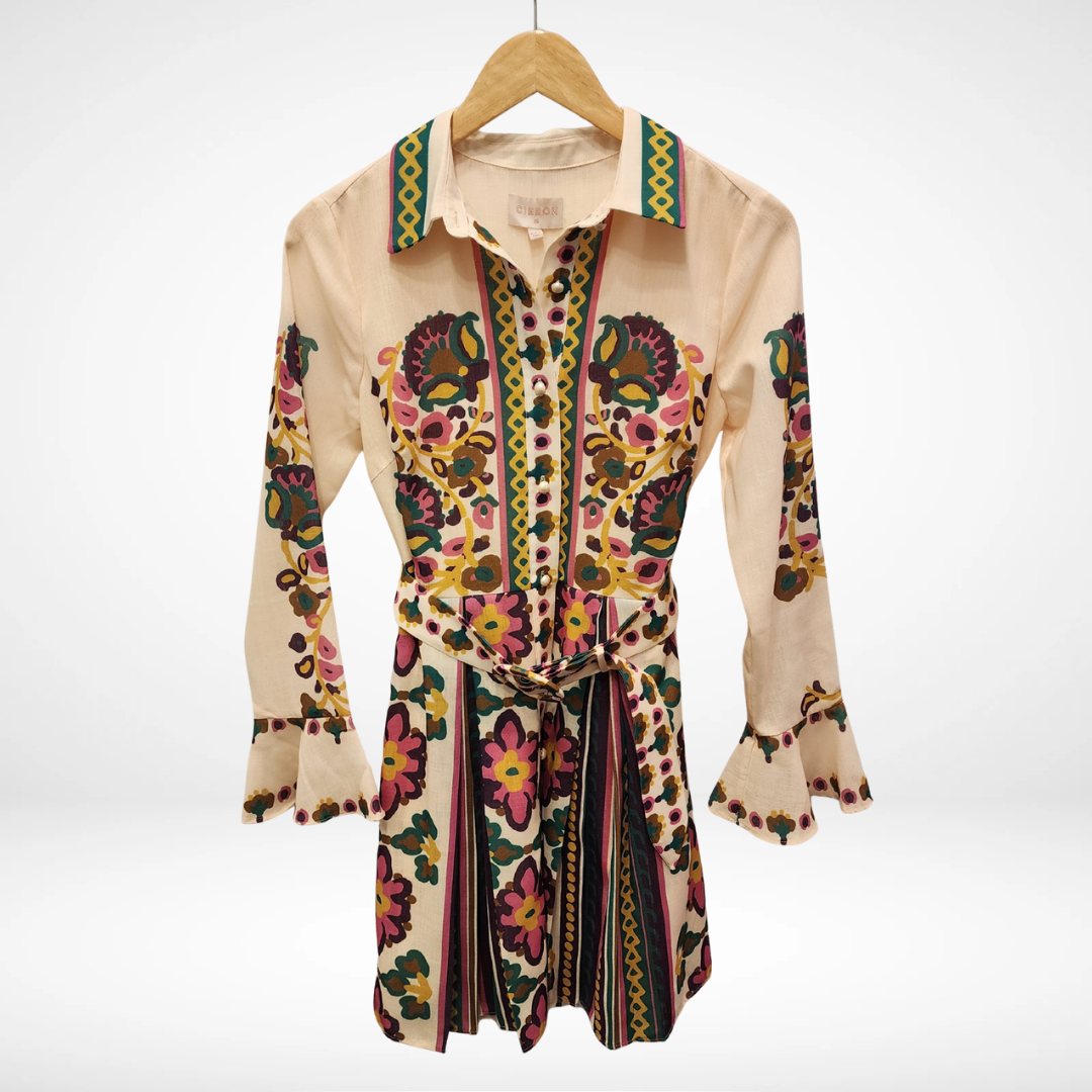Maris Printed Mini Shirt Dress with Pleats - Cream Multi