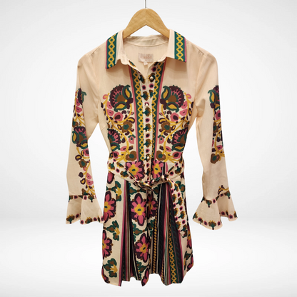 Maris Printed Mini Shirt Dress with Pleats - Cream Multi