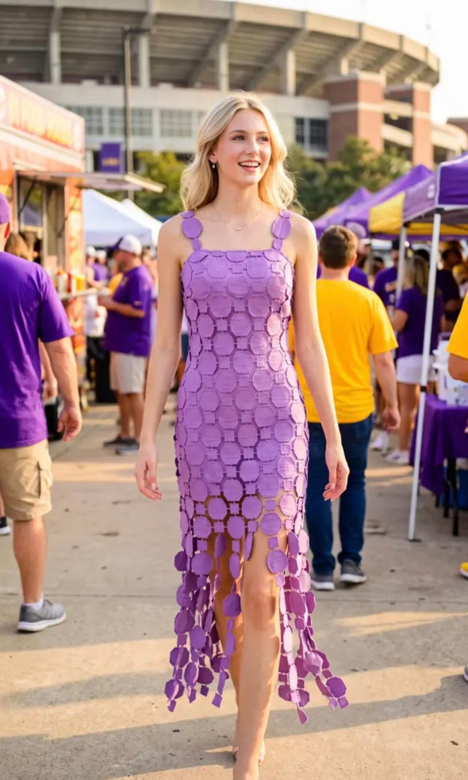 3D Lace Appliqué Fringe Hem Bodycon Midi Dress - Purple