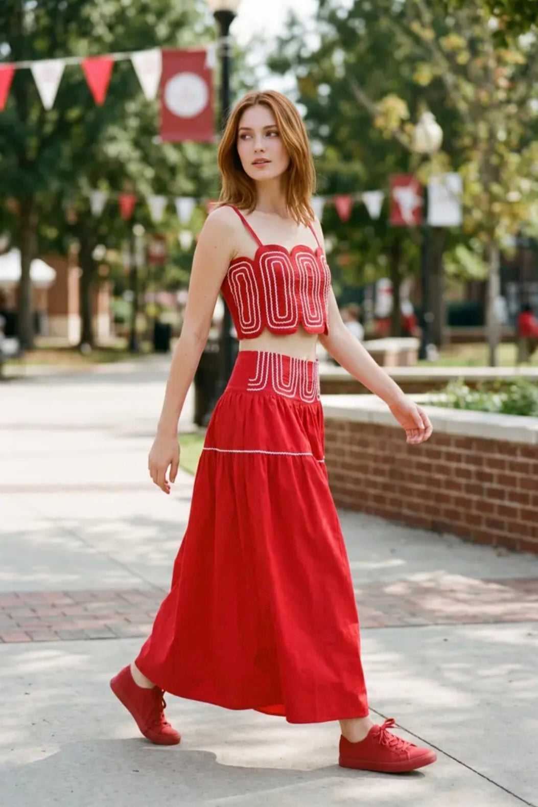 Exclusive Lace Trimmed Top & Skirt Set - Red/White