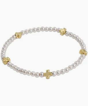 eNewton - Signature Cross Small Pearl Pattern 3mm Bead Bracelet - Gold