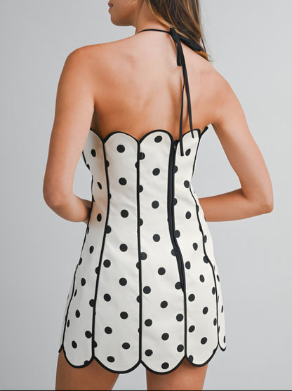 Polka Dot Halter Scallop Mini Dress - Black