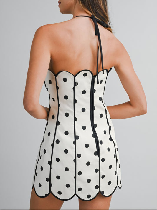 Polka Dot Halter Scallop Mini Dress - Black