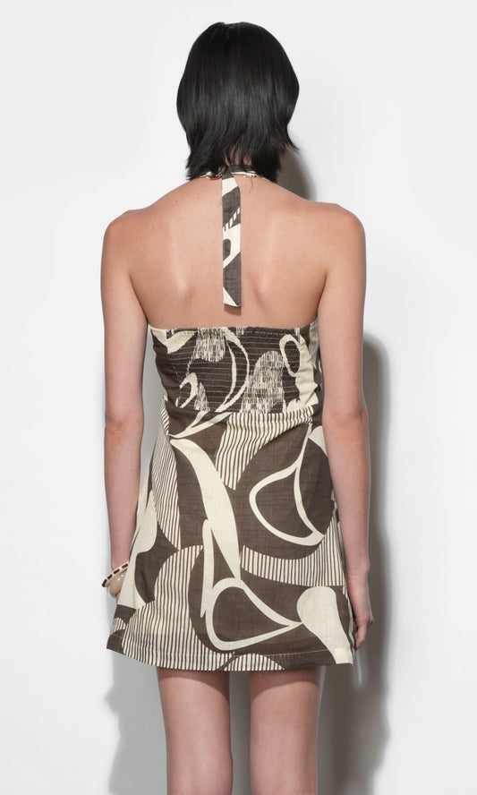 Hannah Side Pleated Halter Mini Dress - Ecru/Brown