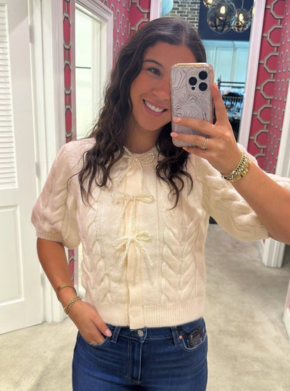Cable Puff Sleeve Knit w/Pearl Bow - Cream