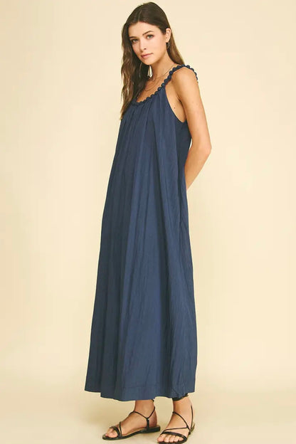 Solid Maxi Dress with Ball Trim Neckline - Deep Navy