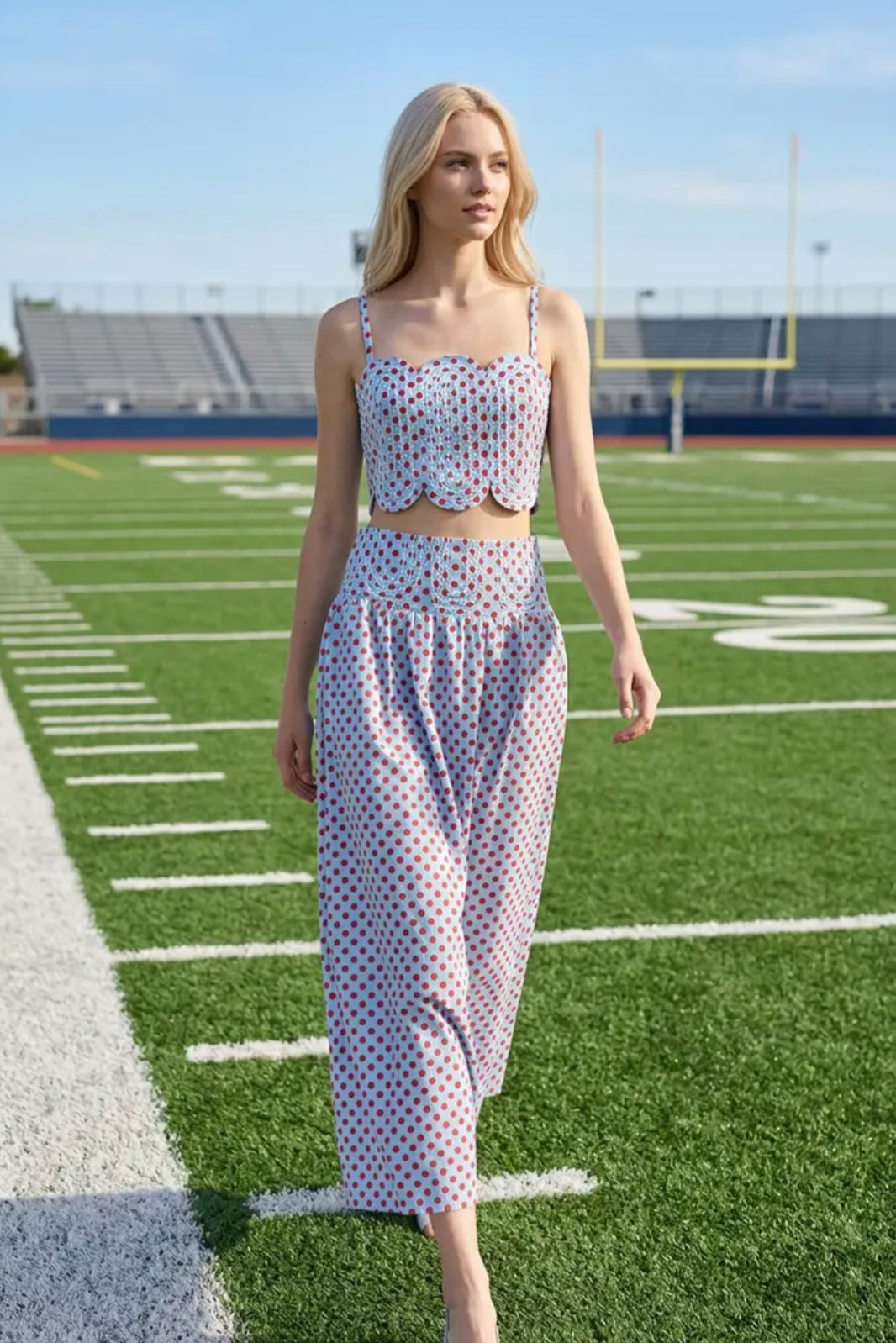 Trim Appliqué Crop Top and Polka Dot Maxi Skirt Set - Powder Blue/Red