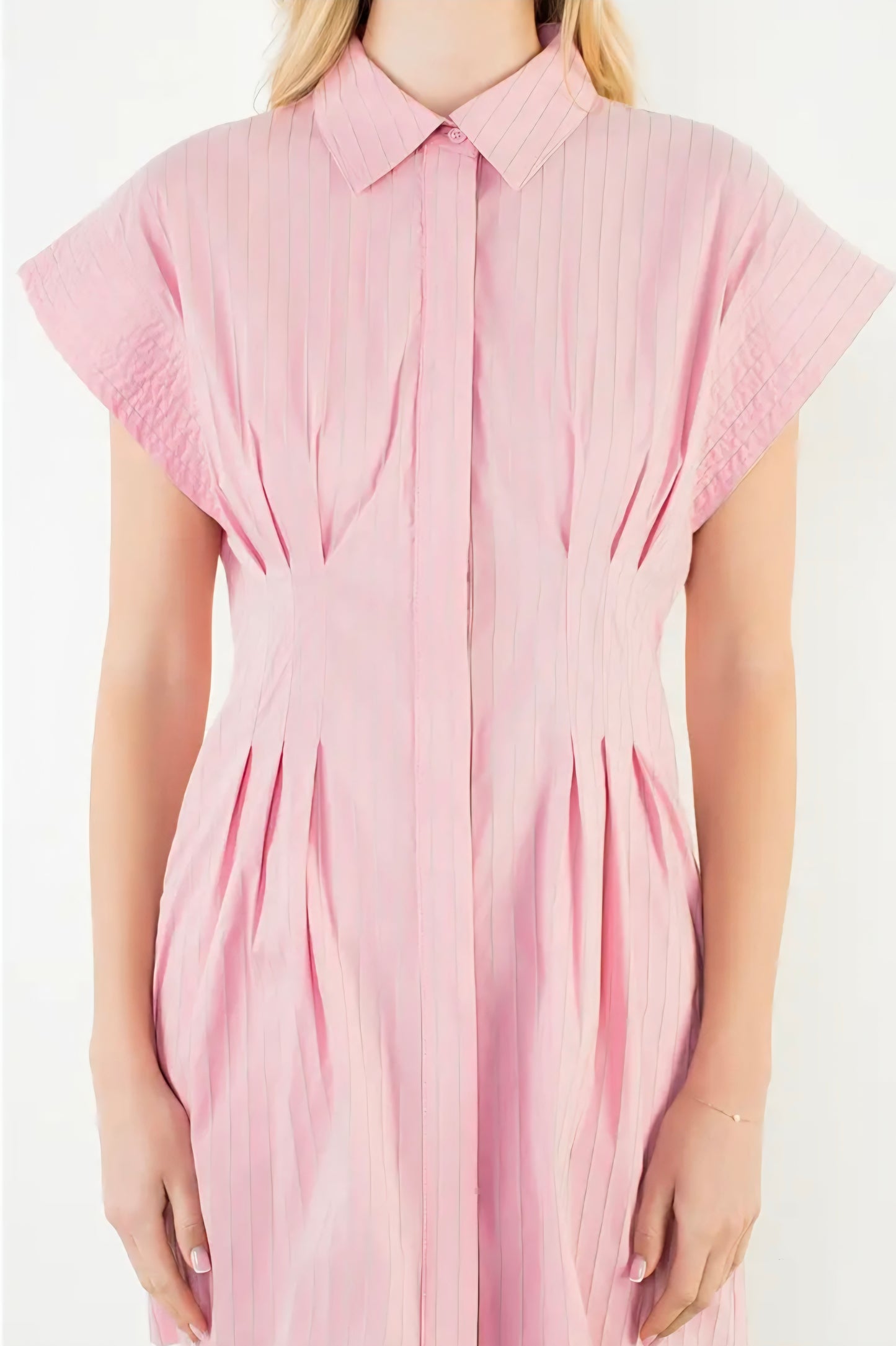 Short Sleeve Striped Button Down Dress - Pink