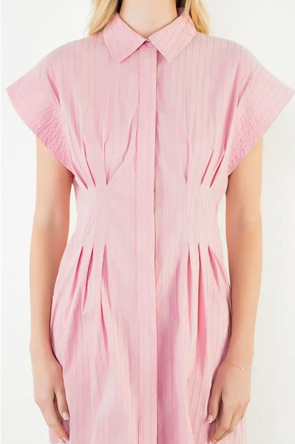 Short Sleeve Striped Button Down Dress - Pink
