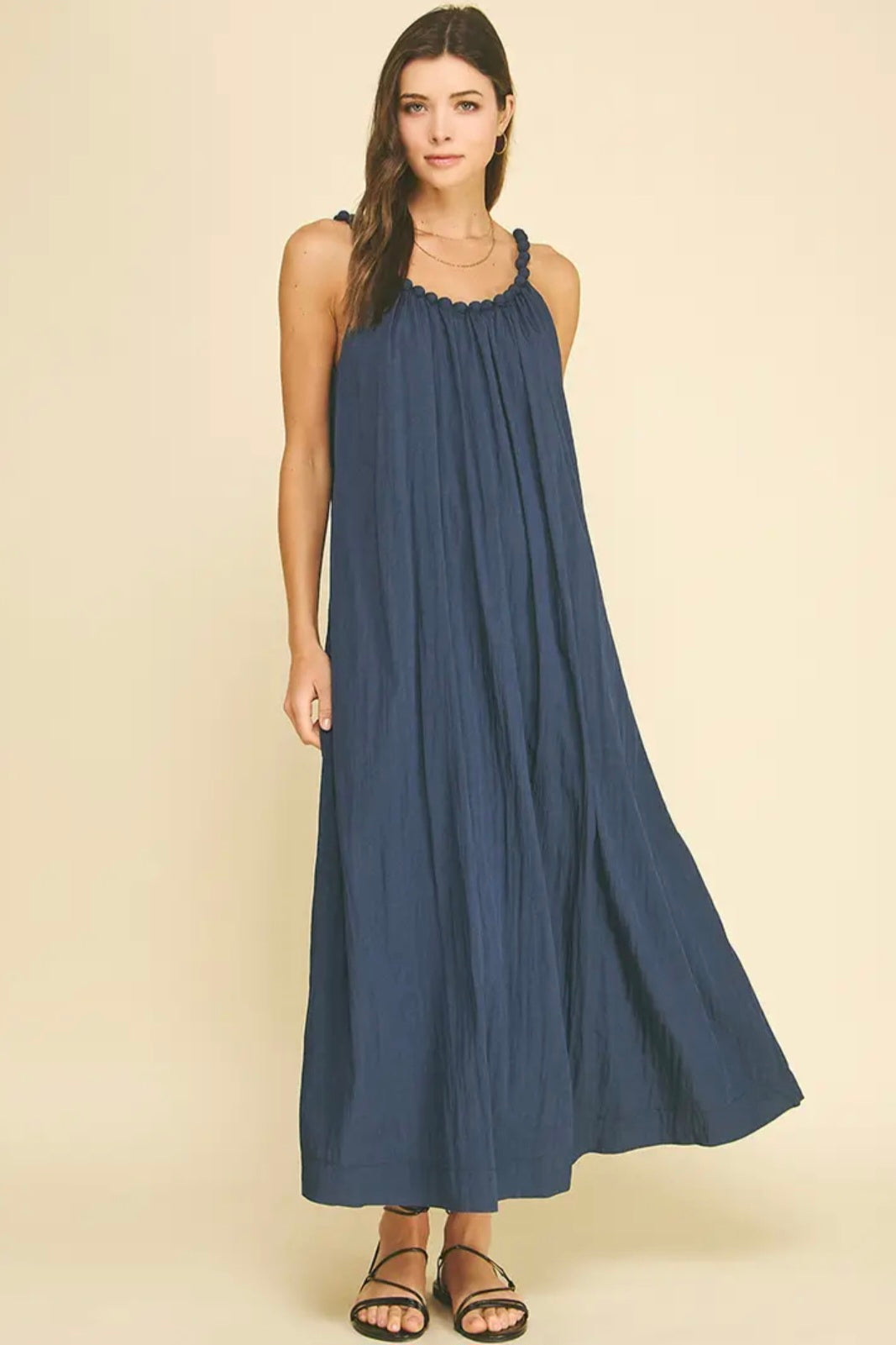 Solid Maxi Dress with Ball Trim Neckline - Deep Navy