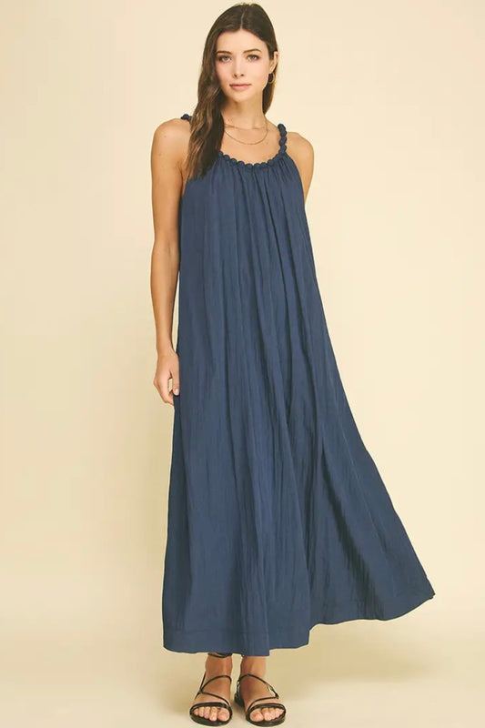 Solid Maxi Dress with Ball Trim Neckline - Deep Navy