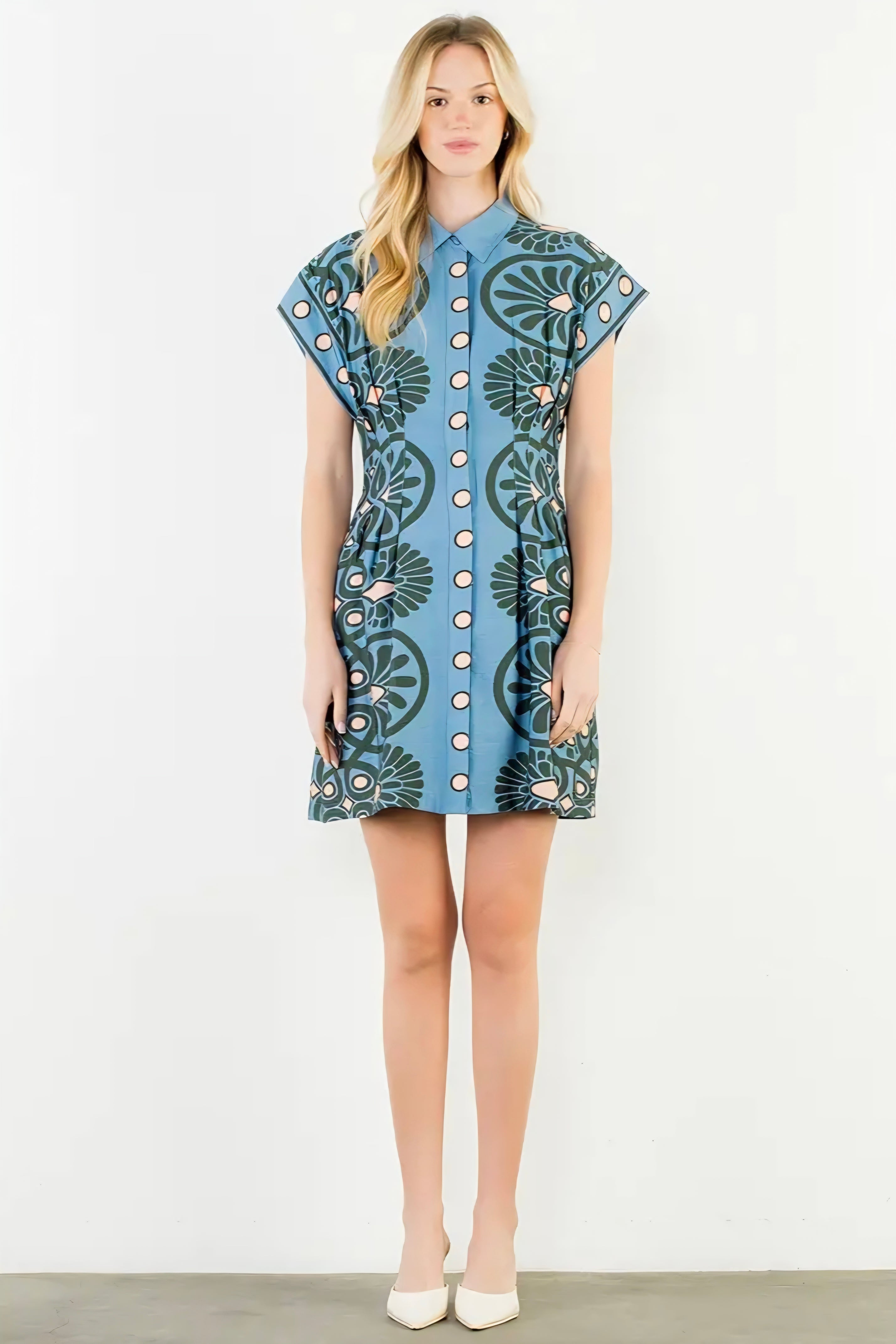 Short Sleeve Distinctive Pattern Dress - Blue