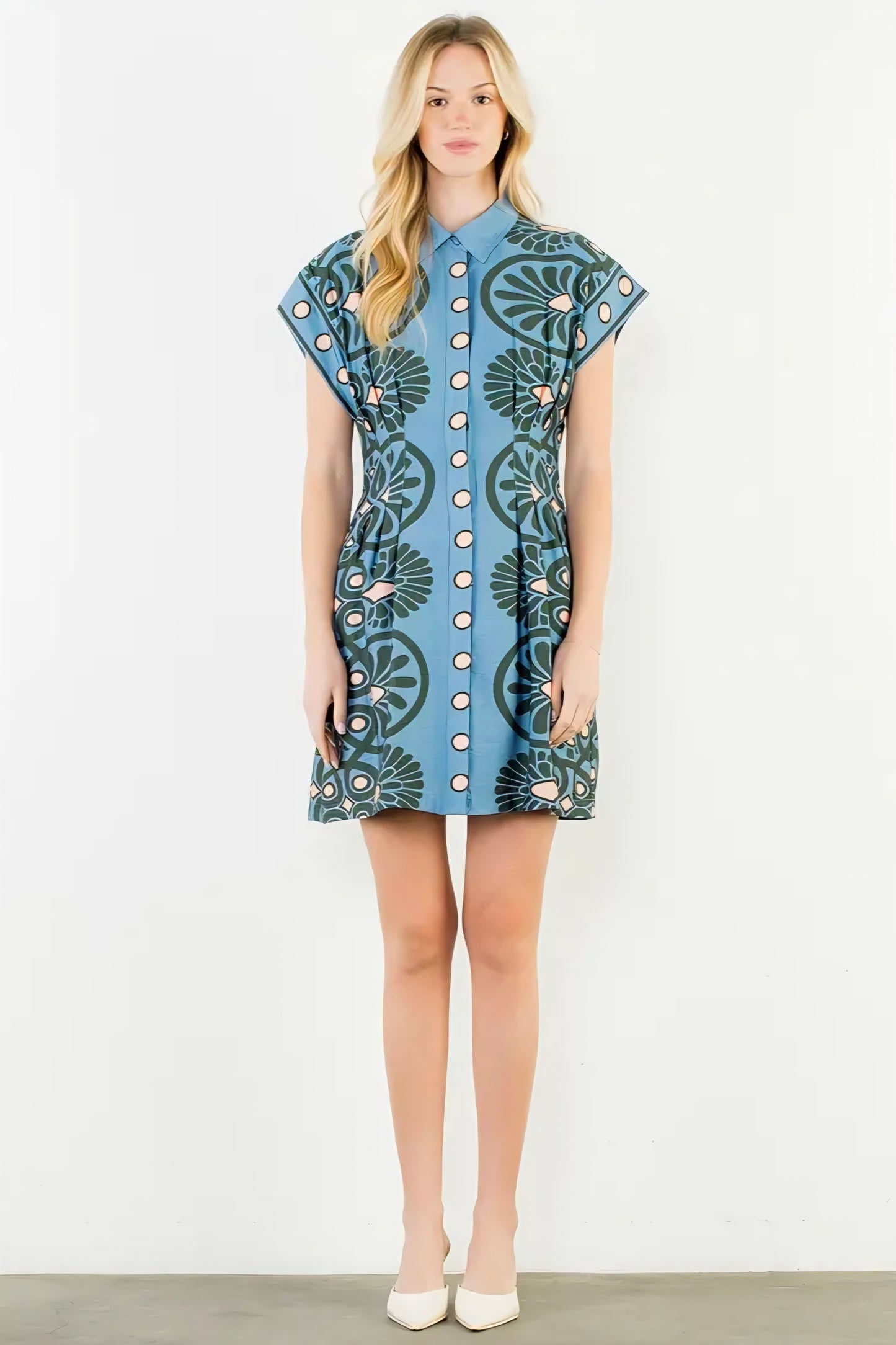 Short Sleeve Distinctive Pattern Dress - Blue