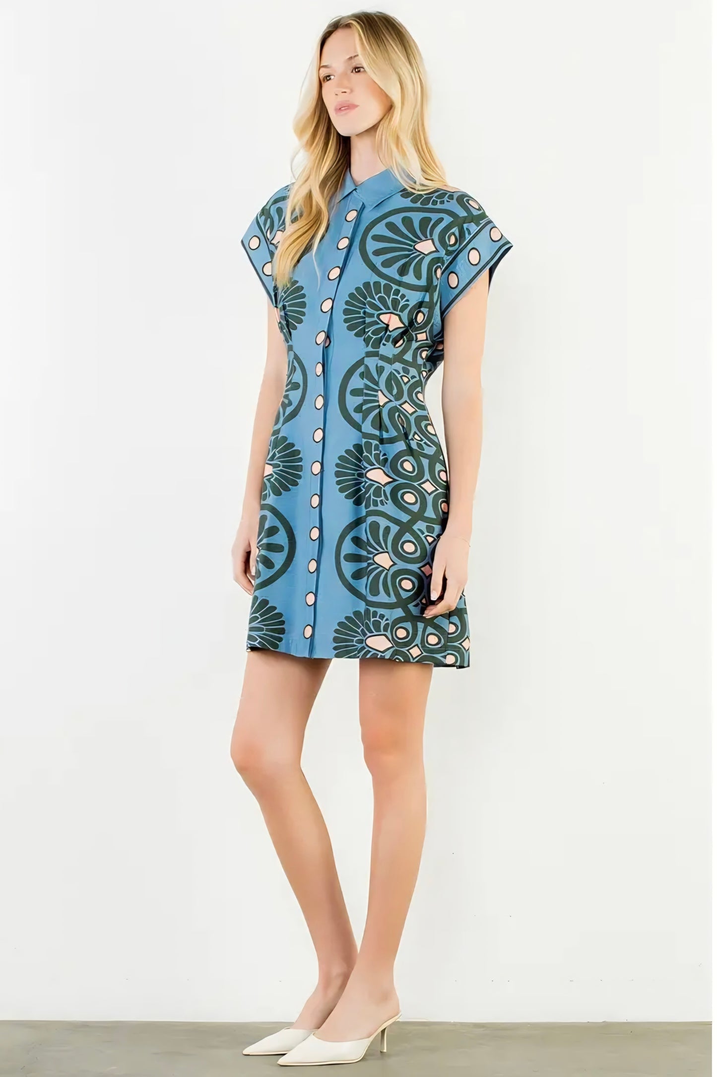 Short Sleeve Distinctive Pattern Dress - Blue