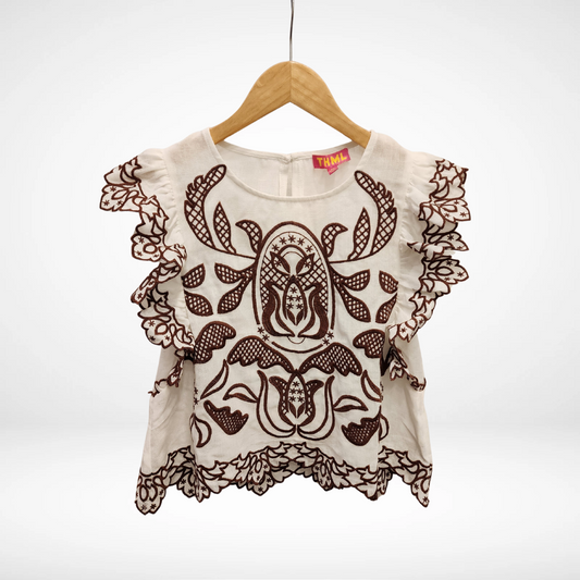 Ruffle Sleeves Embroidery Detail Top - White
