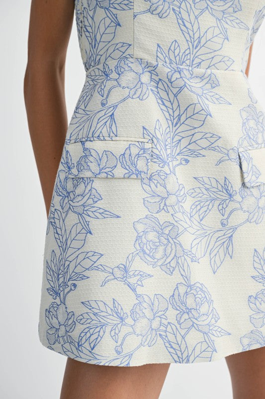Floral Jacquard Strap Shoulder Mini Dress Skort - Blue
