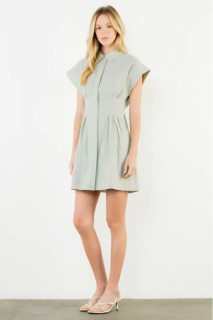 Short Sleeve Striped Button Down Dress - Green