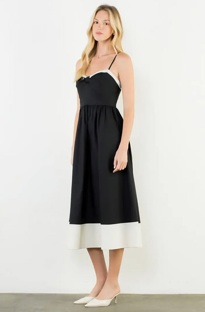 Thin Strap Bow Detail Midi Dress - Black