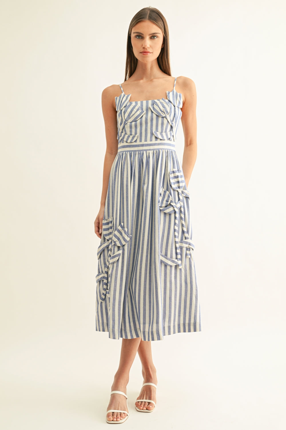 Emilia Striped 3D Floral Detail Midi Dress - Blue/White