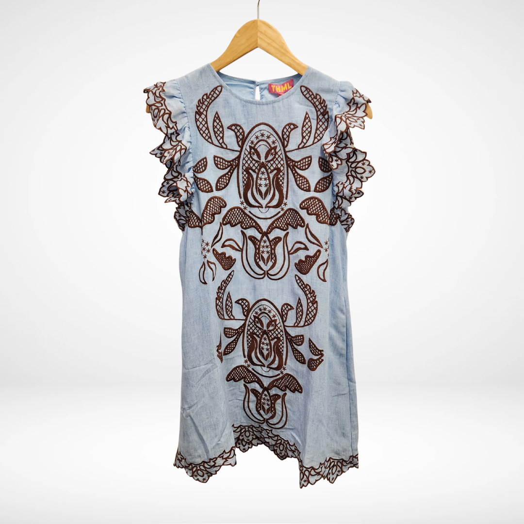 Flutter Sleeves Embroidery Detail Dress - Light Blue - Spinout