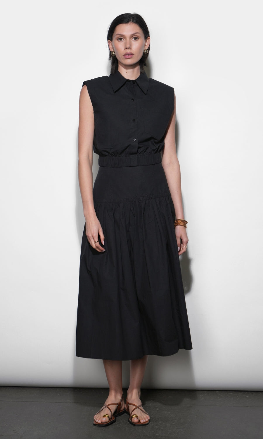 Oren Poplin Sleeveless Shirt With Elasticized Hem - Black