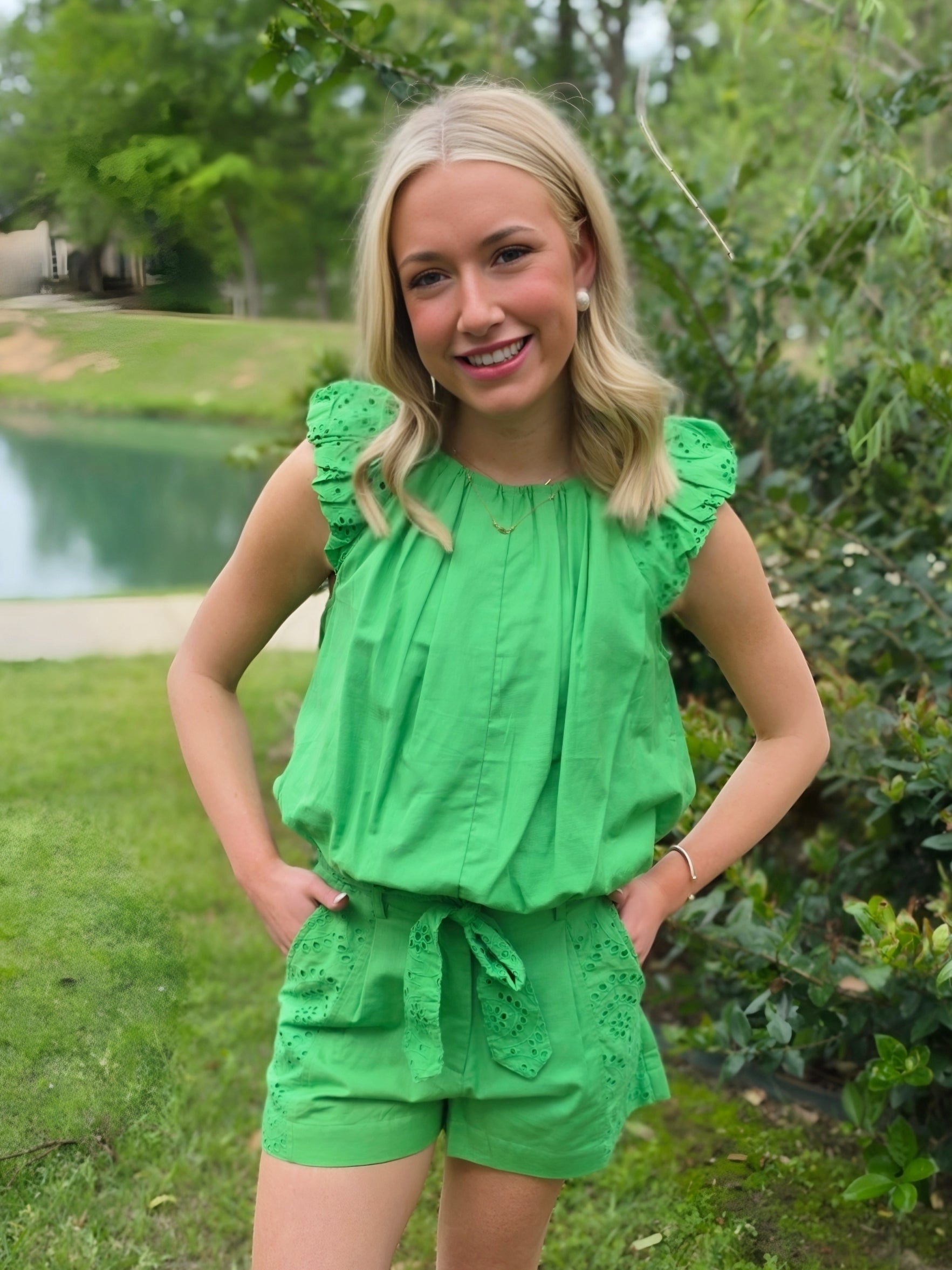 Ada Eyelet Lace Sleeve Top - Kelly Green