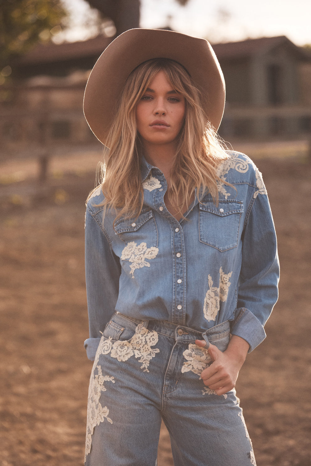 Kelith Lace Appliqué Chambray Shirt - Denim