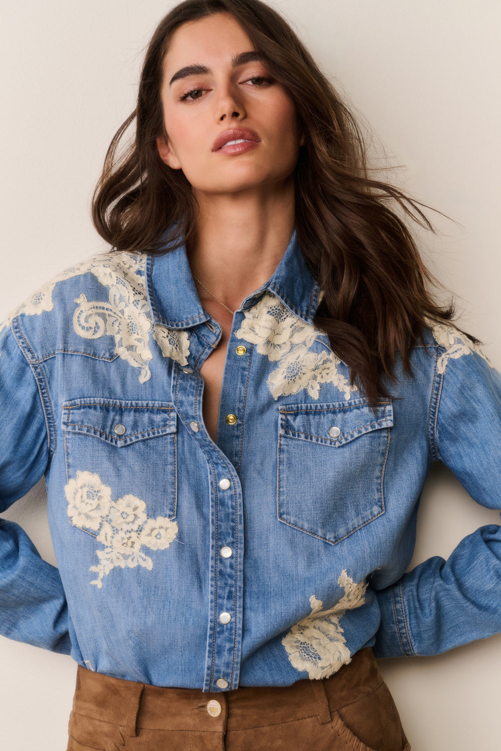 Kelith Lace Appliqué Chambray Shirt - Denim