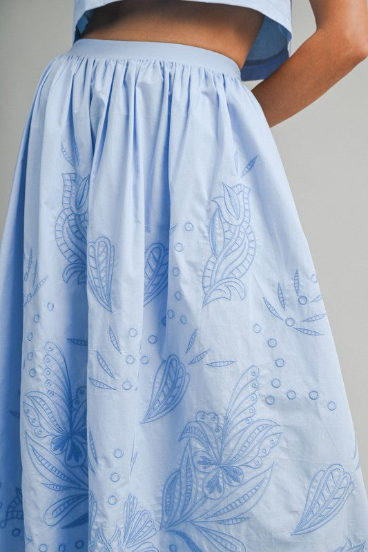 Lilou Embroidered Crop Top & Midi Skirt Set - Blue