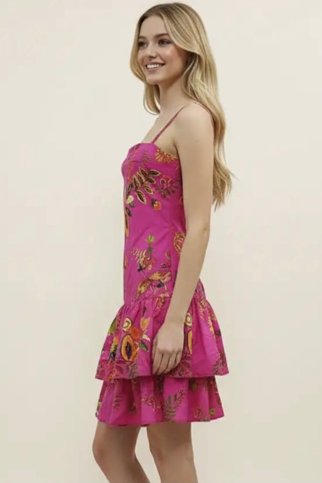 Tropical Fruit Print Mini Dress - Super Pink