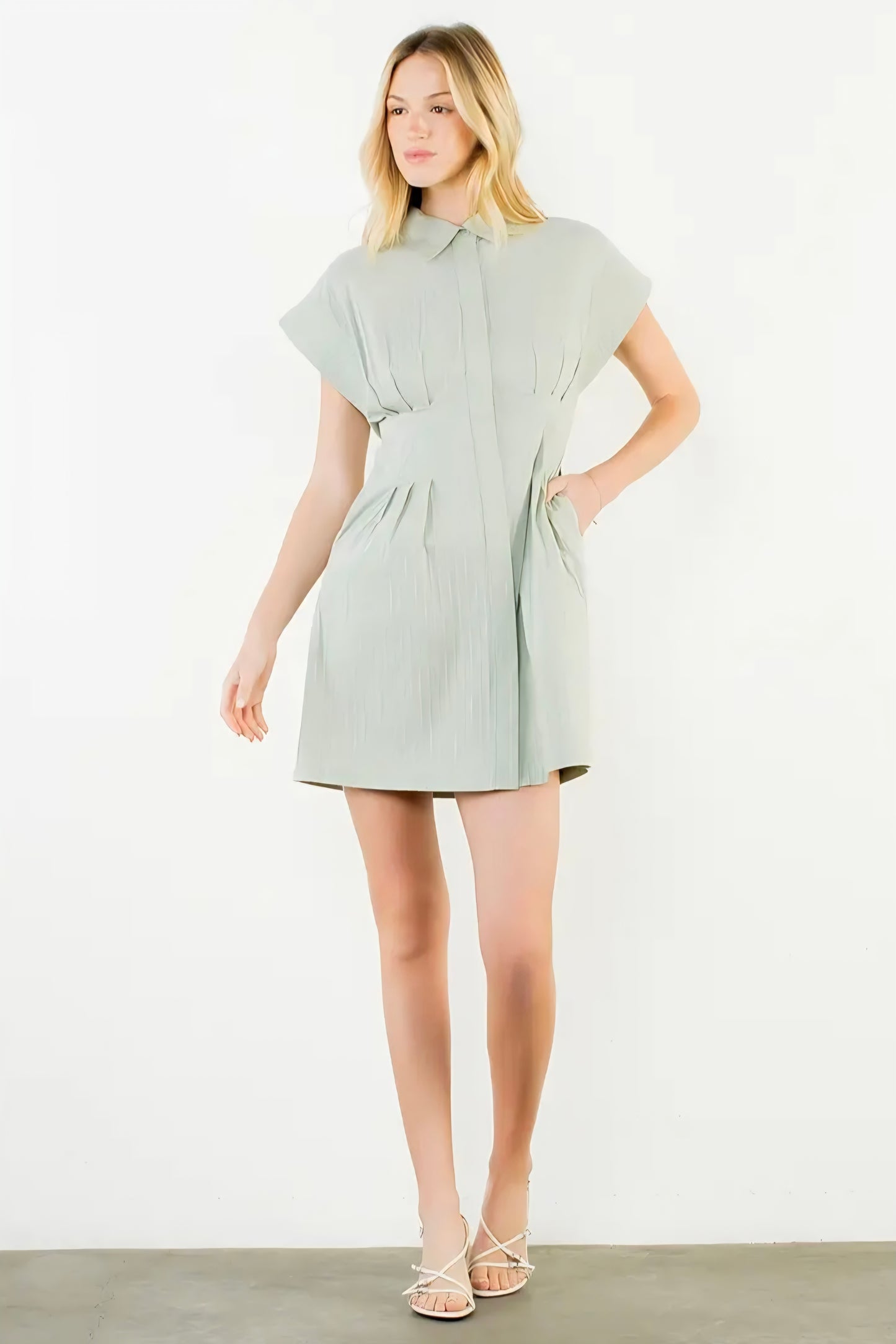 Short Sleeve Striped Button Down Dress - Green