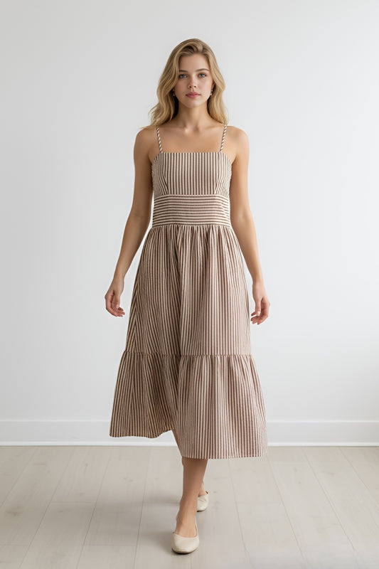 Thin Strap Striped Textured Tiered Dress - Brown