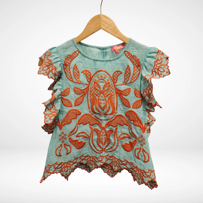 Flutter Sleeve Embroidery Detail Top - Mint