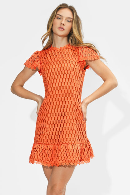 Kayla Flutter Sleeves Lace Mini Dress - Orange