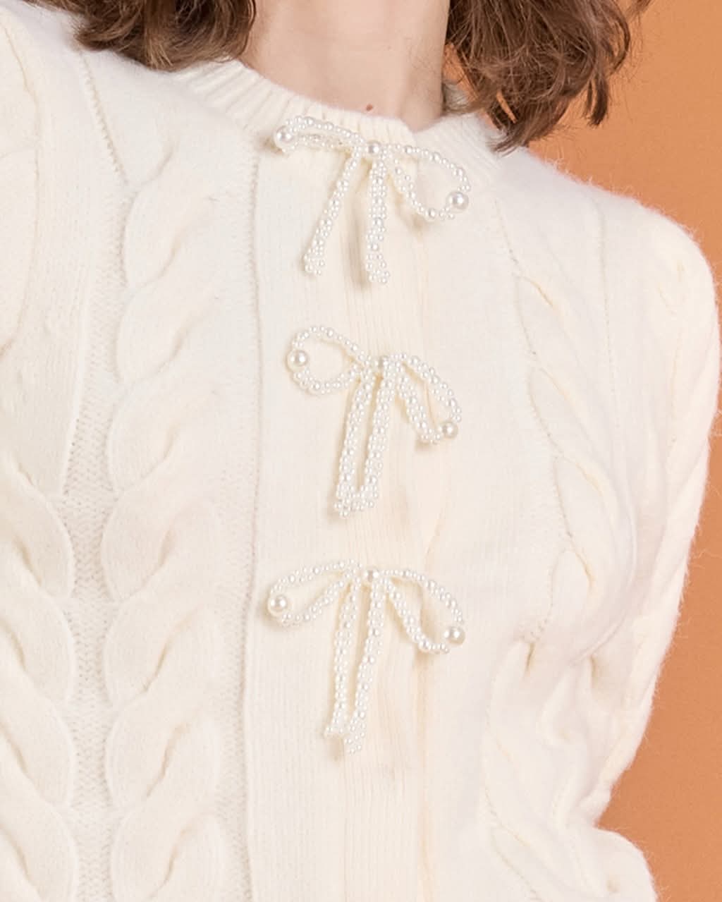 Cable Puff Sleeve Knit w/Pearl Bow - Cream