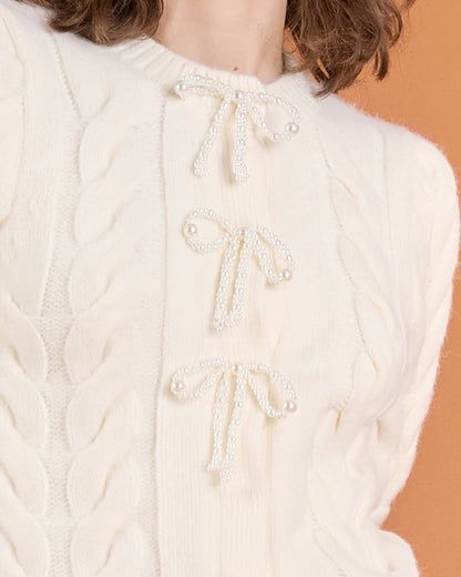 Cable Puff Sleeve Knit w/Pearl Bow - Cream