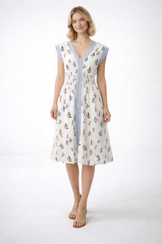 Short Sleeve Sailboat Pattern Midi Dress - CR
