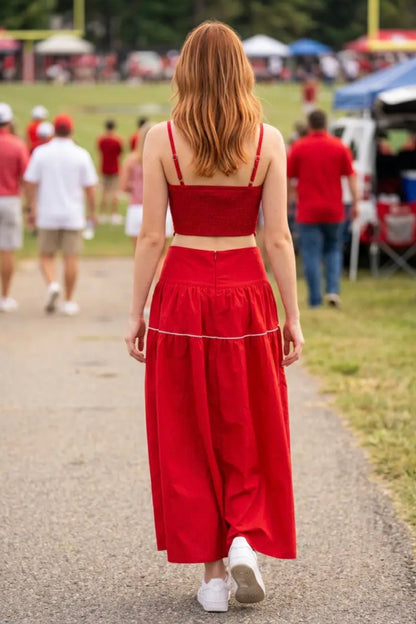 Exclusive Lace Trimmed Top & Skirt Set - Red/White
