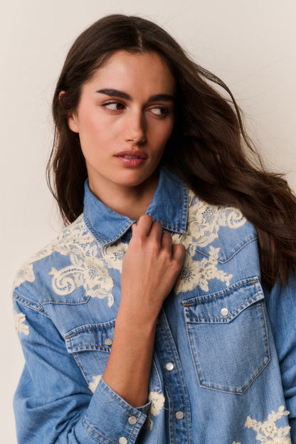 Kelith Lace Appliqué Chambray Shirt - Denim