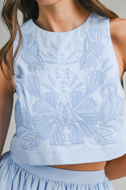 Lilou Embroidered Crop Top & Midi Skirt Set - Blue