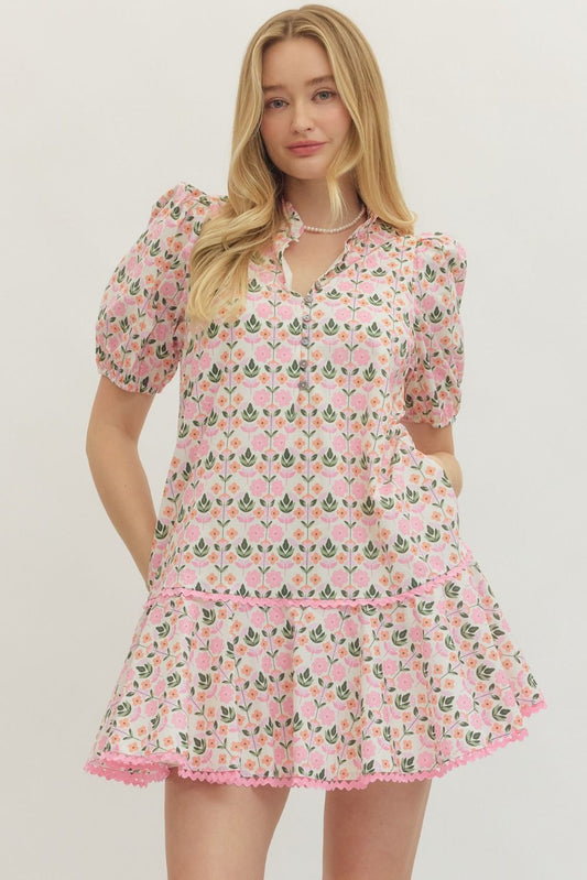 Botanical Print Short Sleeve Mini Dress - Pink