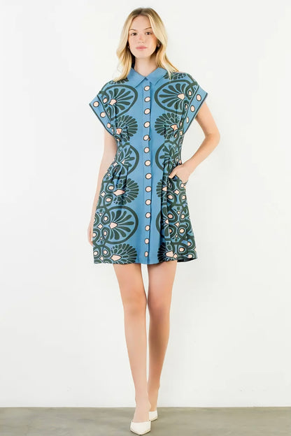 Short Sleeve Distinctive Pattern Dress - Blue