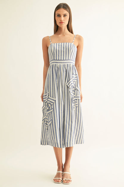 Emilia Striped 3D Floral Detail Midi Dress - Blue/White